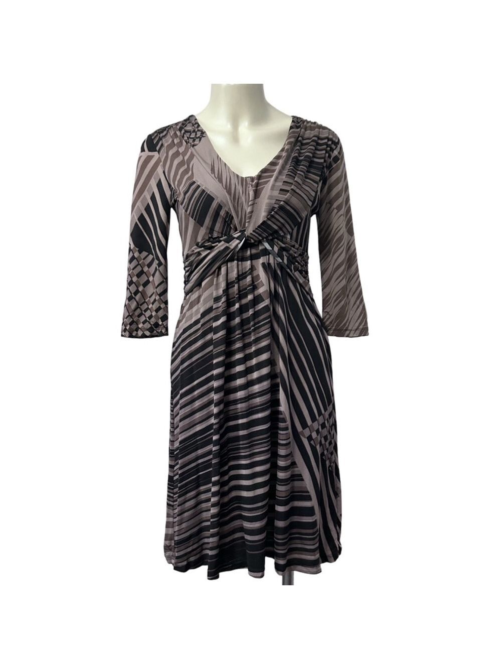 Sandro Ferrone Italian Designer Brown Black Striped V-Neck Dress M